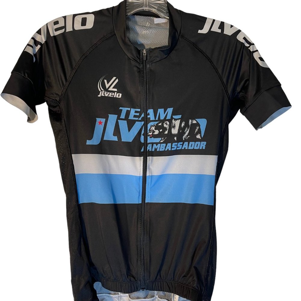JL Velo Cycling Racing Jersey Team Ambassador Bear Black Blue SS sz S EUC!